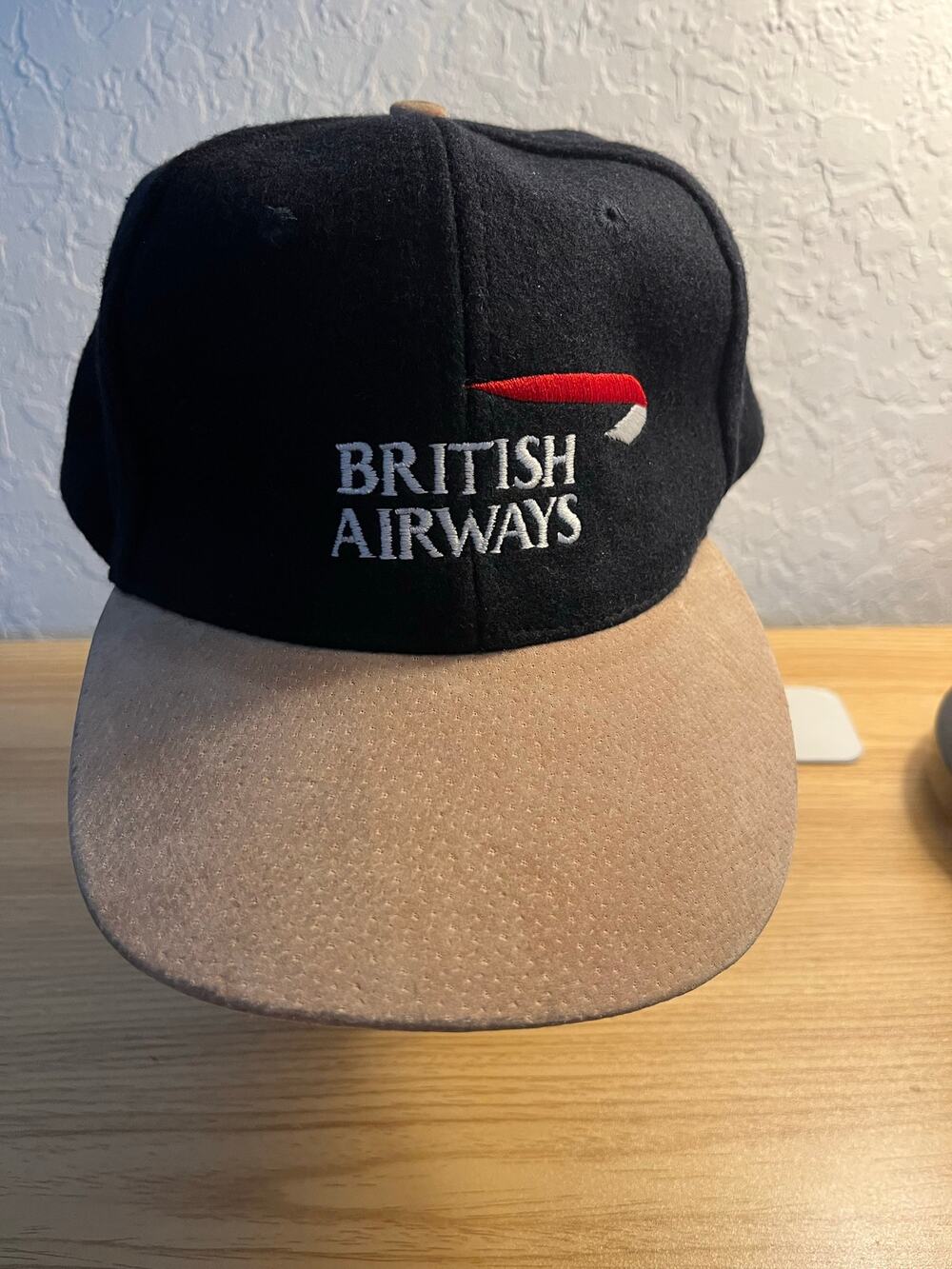BRITISH AIRWAYS Vintage Embroidered Wool 6 panel logo hat, Black,Wide tan Brim